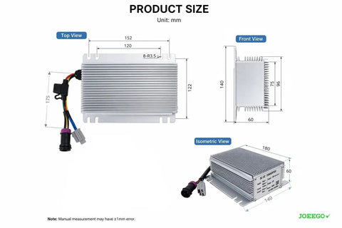 Heavy Duty 48V To 12V Dc Dc Converter Step Down Voltage Reducer With Built In Fuse dimensions shown in top, front, isometric views.