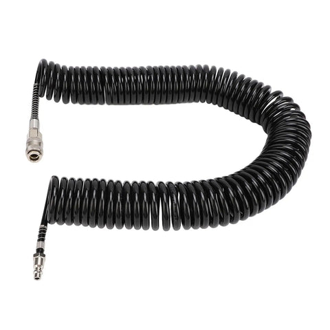 Tough As Nails 12 Meter Rubber And Steel Air Hose For Air Compressors with coiled black design and metal fittings.