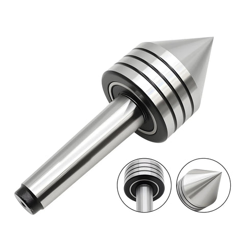 MT2 heavy-duty tailstock live center with 60-degree conical point and ball-bearing collar.