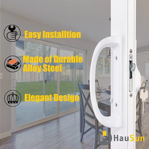 Easy Swap Sliding Patio Door Handle Set With Key Cylinder And Mortise Lock Full Replacement shown on a white door with handle