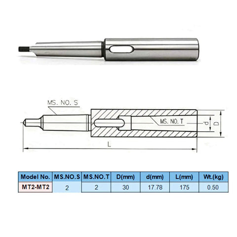 MT2 To MT2 Morse Taper Extension Sleeve 30mm Diameter 175mm Length with technical drawing and specifications table
