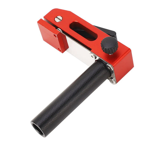 Heavy Duty Aluminum MFT Bench Dog Clamps For Woodworking That Lock Fast And Play Nice With TSlot Tables, close-up view of red clamp.
