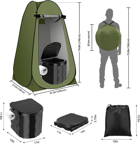 All In One Portable Camping Toilet Kit With Pop Up Privacy Shower Tent dimensions and accessories shown