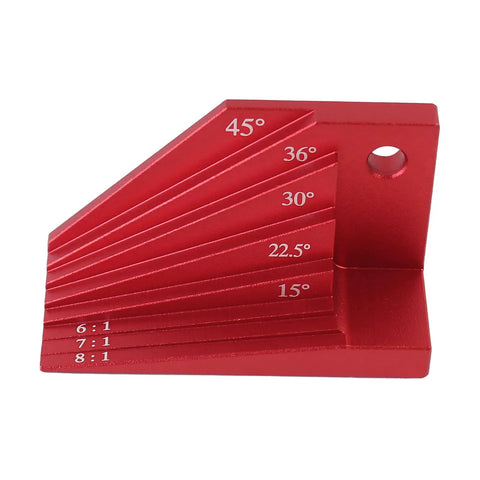 Red bevel gauge block with 15-45° presets, visible angle markings, for woodworking miter angle finder with dual-purpose tool.