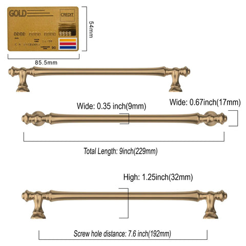 Diagram of Champagne Bronze Cabinet Pulls 10 Pack, 7.5 Inch Hole Center Kitchen Handles with detailed measurements