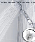 Shower Flow Control Valve For Handheld Shower Head Or Bidet Sprayer Easy Water Volume Tweak And Shut Off Chrome Finish Works With Male And Female Connectors Your Go To Water Saver For A Better Home Shower, shown in use on a shower head.
