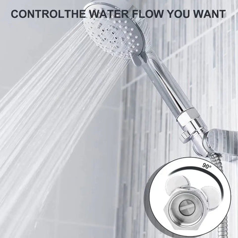 Shower Flow Control Valve For Handheld Shower Head Or Bidet Sprayer Easy Water Volume Tweak And Shut Off Chrome Finish Works With Male And Female Connectors Your Go To Water Saver For A Better Home Shower, shown in use on a shower head.