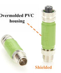 M12 X Code Male To M12 D Code Female Shielded Ethernet Adapter Cat5e 100Mbps, green PVC housing, rugged industrial grade, IP67