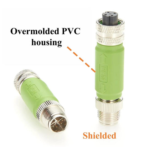 M12 X Code Male To M12 D Code Female Shielded Ethernet Adapter with Green Overmolded PVC Housing
