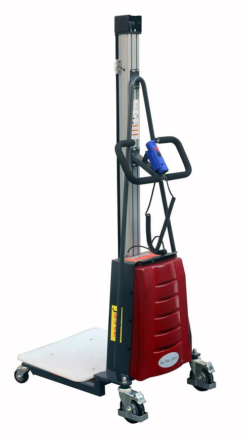Heavy Duty Electric Work Positioner Truck With 330 Lbs Capacity And 59 Inch Lift Height with ergonomic handle and durable wheels.