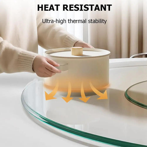 Dope Large Glass Turntable showing heat resistance feature with a pot on the 360 Degree Rotating Lazy Susan Tray.