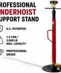 Heavy Duty 1.5 Ton Underhoist Support Stand With Patent Twist Lock Handle For Auto Repair, red metal with 3000 lb capacity.