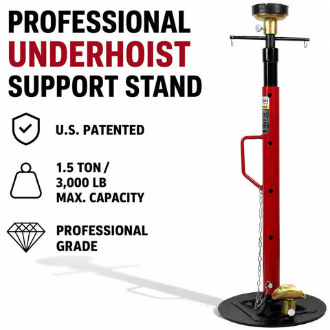 Heavy Duty 1.5 Ton Underhoist Support Stand With Patent Twist Lock Handle For Auto Repair, red metal with 3000 lb capacity.