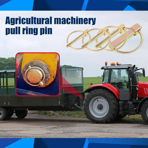 Beefed Up Heavy Duty Lynch Pin Set for 3 Point Hitch Pins on red tractor and yellow machinery close-up with zinc plated finish