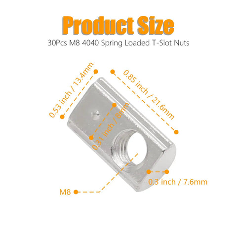 Side view of M8 Roll In T Nuts For 4040 Aluminum Extrusion Profiles 8mm Slot Pack Of 30 By Qjaiune, showing dimensions.