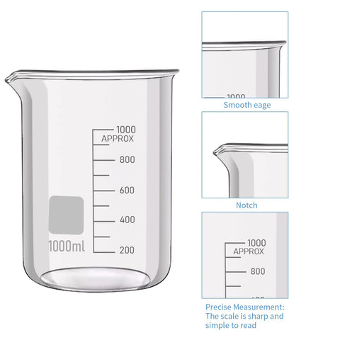1000ml beaker from 23 Piece Lab Glassware Set With Measuring Cups Beakers Graduated Cylinders Droppers Stirring Rods Cleaning Brushes And More For Chemistry Experiments Classroom Use A Must Have Starter Kit For Students And DIY Science Nerds, showing smooth edge, notch and measurement scale.