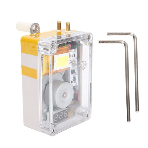 Hand Crank Portable Power Generator for emergency USB charging with built-in light and battery storage, clear view