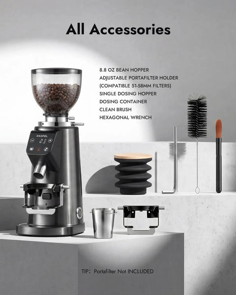 Game Changing 64 Mm Flat Burr Electric Coffee Grinder With 100 Adjustable Settings Precision Timer Anti Static Housing For Espresso French Press Smooth Stainless Steel Gunmetal Gray Finish with accessories including bean hopper and tools.