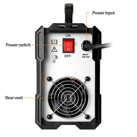 Back view of 160A MMA Beast Arc Welder With IGBT Inverter And Digital LCD Display Hot Start Anti-Stick Arc Force For Easy Home Shop Welding showing power switch and vent
