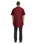 Back view of person wearing Everyday Short Sleeve Unisex Lab Coat Scrubs For Doctors And Researchers Burgundy Size Large with notched collar