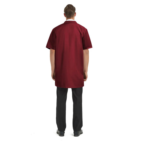 Back view of person wearing Everyday Short Sleeve Unisex Lab Coat Scrubs For Doctors And Researchers Burgundy Size Large with notched collar