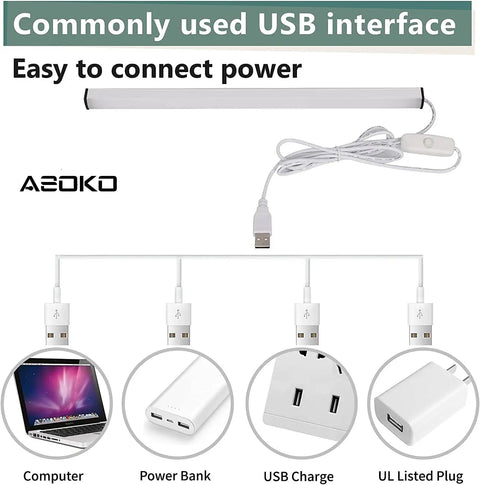 Under Cabinet LED Light Strip 12 Inch Plug In Slim USB Bar 6000K Cool White, USB power connections shown for kitchen use