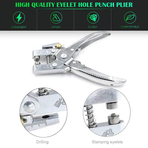 300 Sets 1/5 Inch Multi Color Metal Eyelets Grommets Kit With Hole Punch Plier close-up showing drilling and stamping features