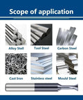 Dovetail carbide milling cutter; collage shows six metal types: alloy, tool, carbon steel, cast iron, stainless, mould steel.
