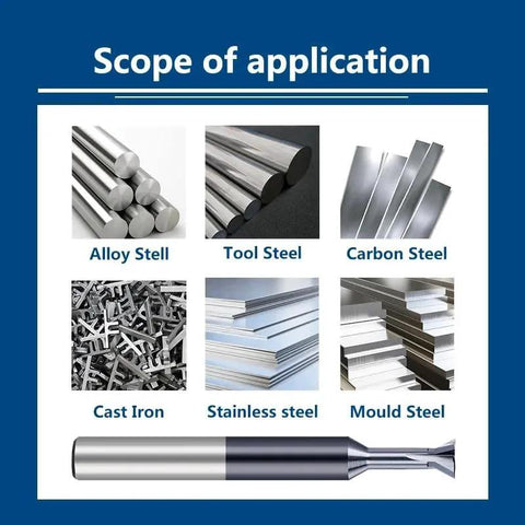 Dovetail carbide milling cutter; collage shows six metal types: alloy, tool, carbon steel, cast iron, stainless, mould steel.