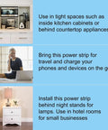 Image showing usage scenarios of Four Outlet Power Strip With Angled Flat Plug And Short Cord For Kitchen Office Travel 250 Joules Surge Protection Lighted On Off Switch And Circuit Breaker ETL Listed Compact Space Saving Design.