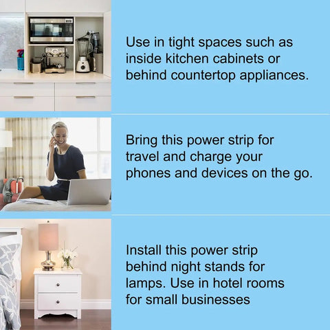 Image showing usage scenarios of Four Outlet Power Strip With Angled Flat Plug And Short Cord For Kitchen Office Travel 250 Joules Surge Protection Lighted On Off Switch And Circuit Breaker ETL Listed Compact Space Saving Design.