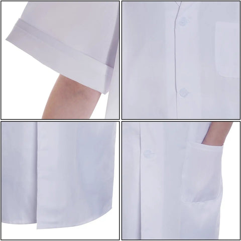 Soft Breathable Scientist Doctor Costume For Halloween Lit Theme Night White Short Sleeve Unisex Lab Coat details