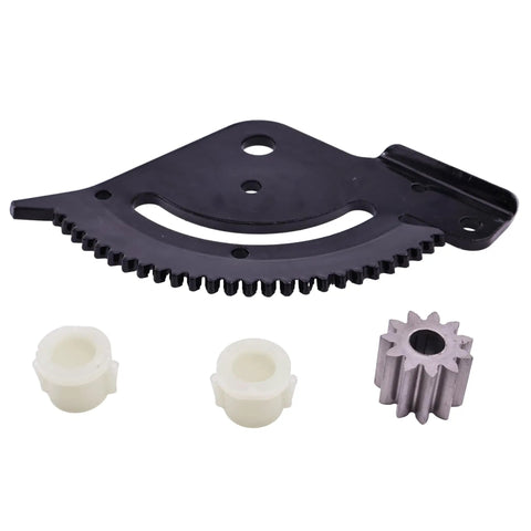Heavy Duty Steering Sector Gear Bushing Kit For John Deere E100 E110 E120 E130 Lawn Tractors showing a black gear plate, two white bushings, and a silver pinion gear.