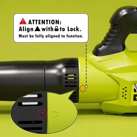 Close-up of Kids 2 In 1 Gardening Tools Set with Leaf Blower alignment guide on green and black attachment for proper use