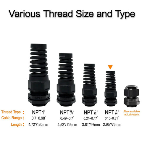 Various sizes of 10 Pack NPT One Quarter Inch IP68 Waterproof Cable Glands With Flexible Spiral Strain Relief For Four To Eight Millimeter Wires