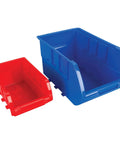 Half Bulk Bin Storage Rack With 32 Removable Bins For Easy Garage Organization Of Tools Parts Hardware And More In A Bright Red And Blue Finish With Quick Assembly And Rugged Steel Construction showing red and blue bins