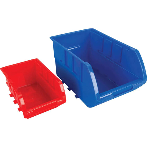 Half Bulk Bin Storage Rack With 32 Removable Bins For Easy Garage Organization Of Tools Parts Hardware And More In A Bright Red And Blue Finish With Quick Assembly And Rugged Steel Construction showing red and blue bins