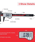 Six Inch Digital Caliper With Auto Off And Large LCD Screen Inch Millimeter Conversion Measures Length Depth Inner Outer Diameter 0.01 Inch Resolution And Plus Minus 0.2 mm Accuracy Carbon Fiber Build For Jewelry And Antique Projects showing details labeled