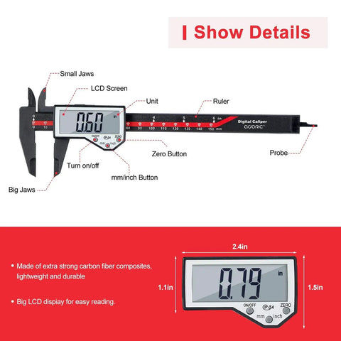 Six Inch Digital Caliper With Auto Off And Large LCD Screen Inch Millimeter Conversion Measures Length Depth Inner Outer Diameter 0.01 Inch Resolution And Plus Minus 0.2 mm Accuracy Carbon Fiber Build For Jewelry And Antique Projects showing details labeled
