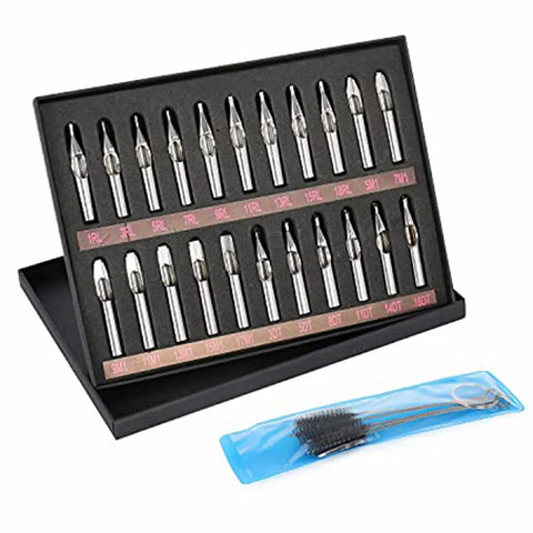 Pro Grade 22 Piece Stainless Steel Tattoo Tip Kit With Cleaning Brush For Tattoo Machines And Guns DT RT FT Tip Set Includes 1R 3R 5R 7R 9R 11R 13R 15R 18R 5M1 7M1 9M1 11M1 13M1 15M1 17M1 3DT 5DT 8DT 11DT 14DT 18DT displayed in case with brush