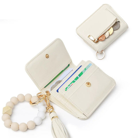 Open RFID Keychain Wallet Wristlet for Women with Coin Pocket and ID Window Beaded Key Chain Wristlet Beige with metal rings