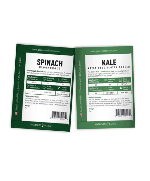 Package of Spinach and Kale seeds from Five Pack Of Lettuce And Greens Seeds Including Arugula Spinach Kale Buttercrunch Romaine And More Non GMO With Plant Markers For Indoor Or Outdoor Garden.