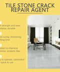 Living room with Tile Stone Crack Repair Agent benefits listed, promoting All In One Tile Crack Repair Kit For DIY Pros With Quick Drying Glue.