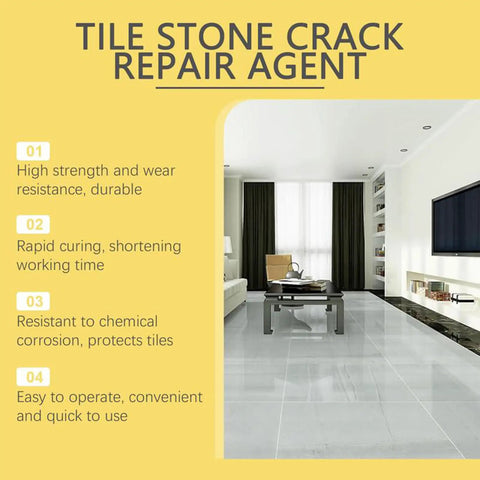 Living room with Tile Stone Crack Repair Agent benefits listed, promoting All In One Tile Crack Repair Kit For DIY Pros With Quick Drying Glue.