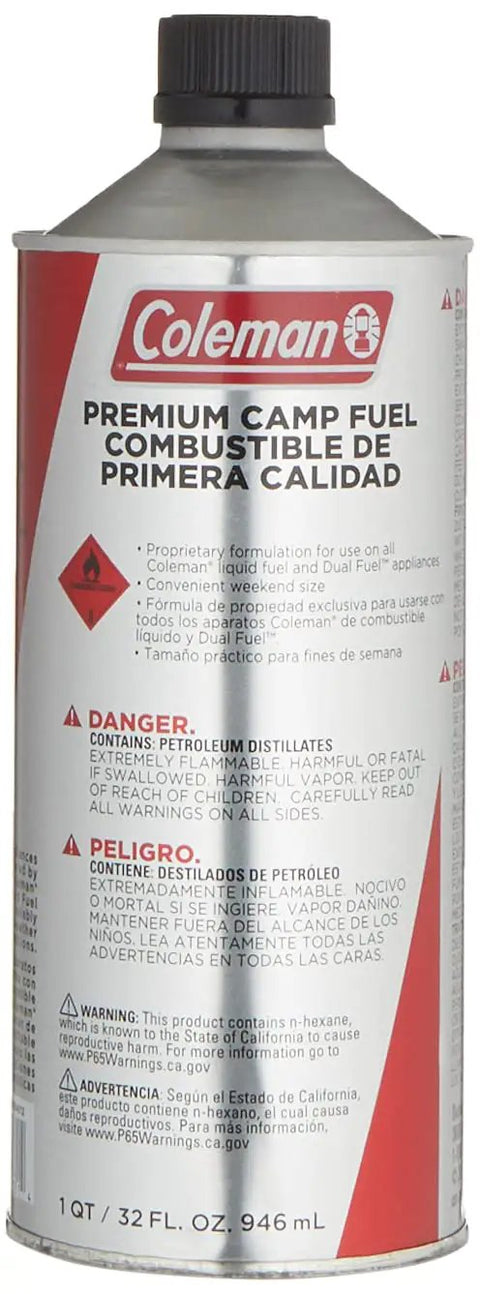 32oz Premium Camping Fuel For Lanterns And Stoves All Season Power In A Portable Quart Canister With Cold Weather Performance High Output Easy Storage And Child Resistant Cap label on metal can