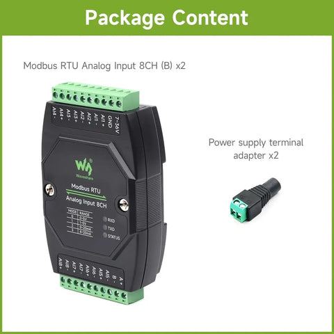 Package contents: Modbus RTU Analog Input 8CH module with power supply terminal adapter.