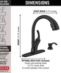 Matte Black Kitchen Faucet With Mid-Rise Pull-Out Sprayer For Single-Hole Install, dimensions with height and spout reach.