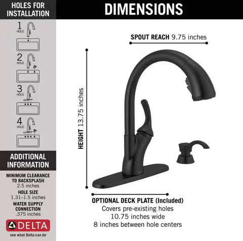 Matte Black Kitchen Faucet With Mid-Rise Pull-Out Sprayer For Single-Hole Install, dimensions with height and spout reach.