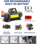 Two Pack LED Headlamps With Rechargeable Batteries showing USB charging port and power button for camping and work