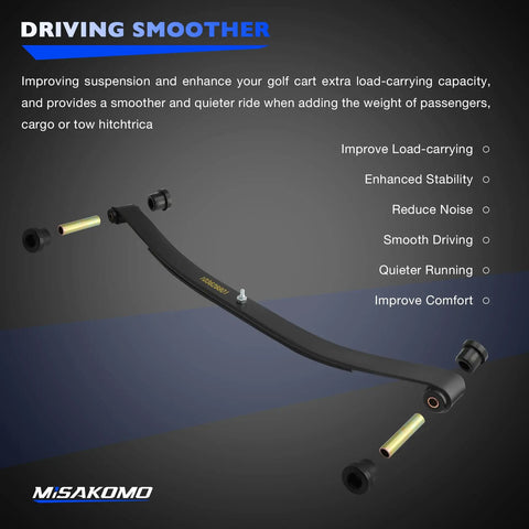 Heavy Duty Front Twin Leaf Springs For Golf Cart Suspension Upgrade With Massive Cargo Capacity And Tough Corrosion Resistant Steel Build For A Super Smooth Ride And Slick Neighborhood Cruising, showing carbon steel spring with bushings.